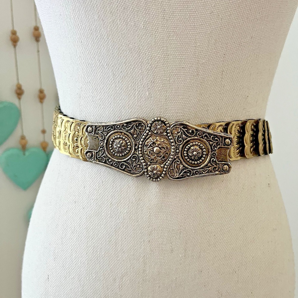 Vintage metal stretch belt fishscale filigree buckle womens 80s glam M artsy